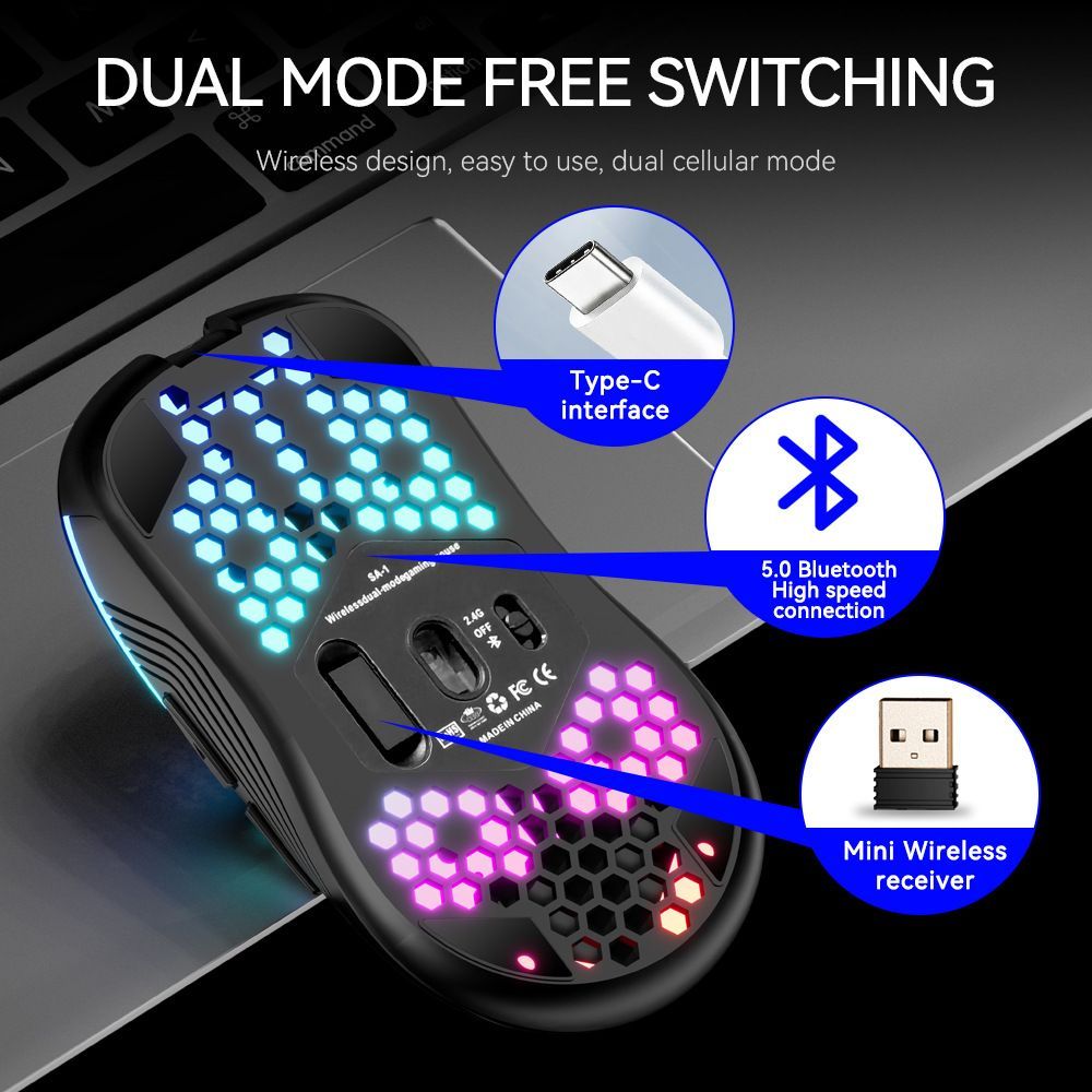 PC Wireless RGB Gaming Mouse Bluetooth Connect With Lightweight Honeycomb Shell