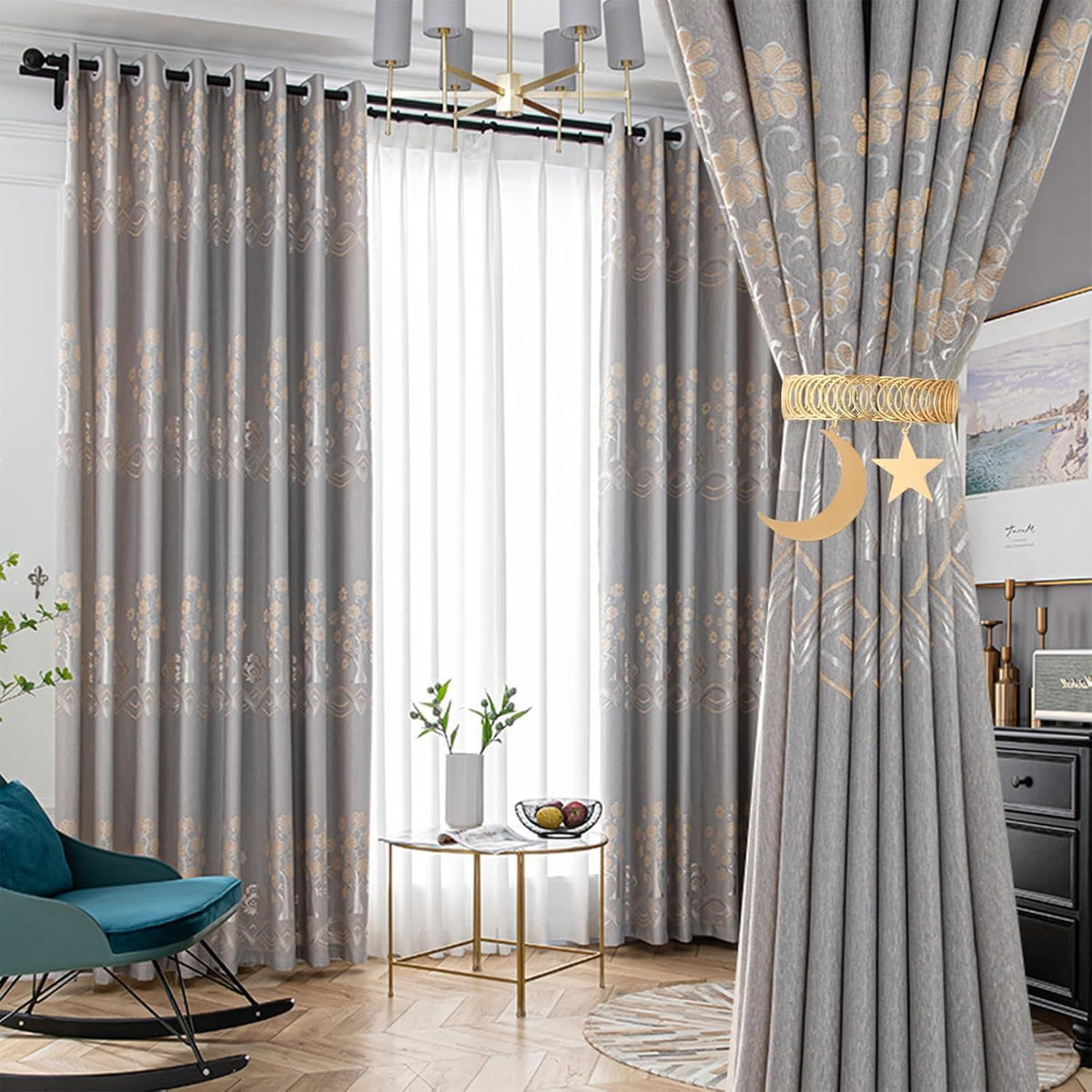 4PCS Curtain Tiebacks Spring Tieback Curtain Holders Adjustable Curtain Clips Star Moon Curtain Tiebacks
