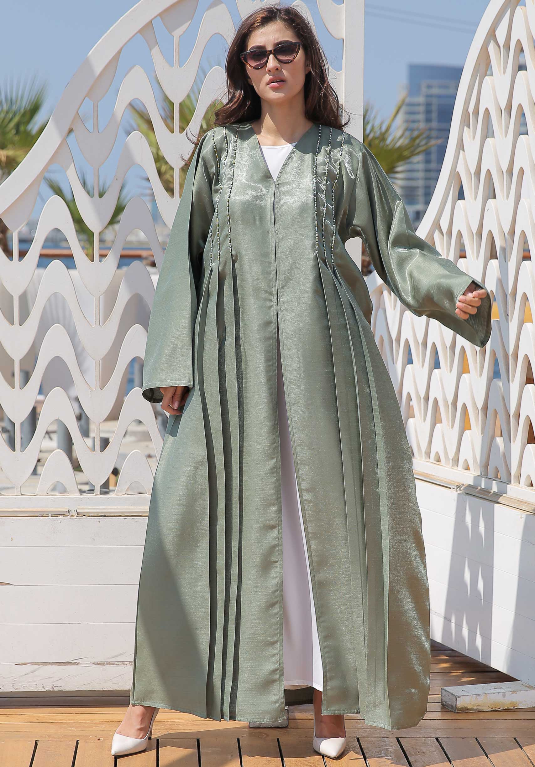 MOiSTREET Pastel Green Abaya with Handwork