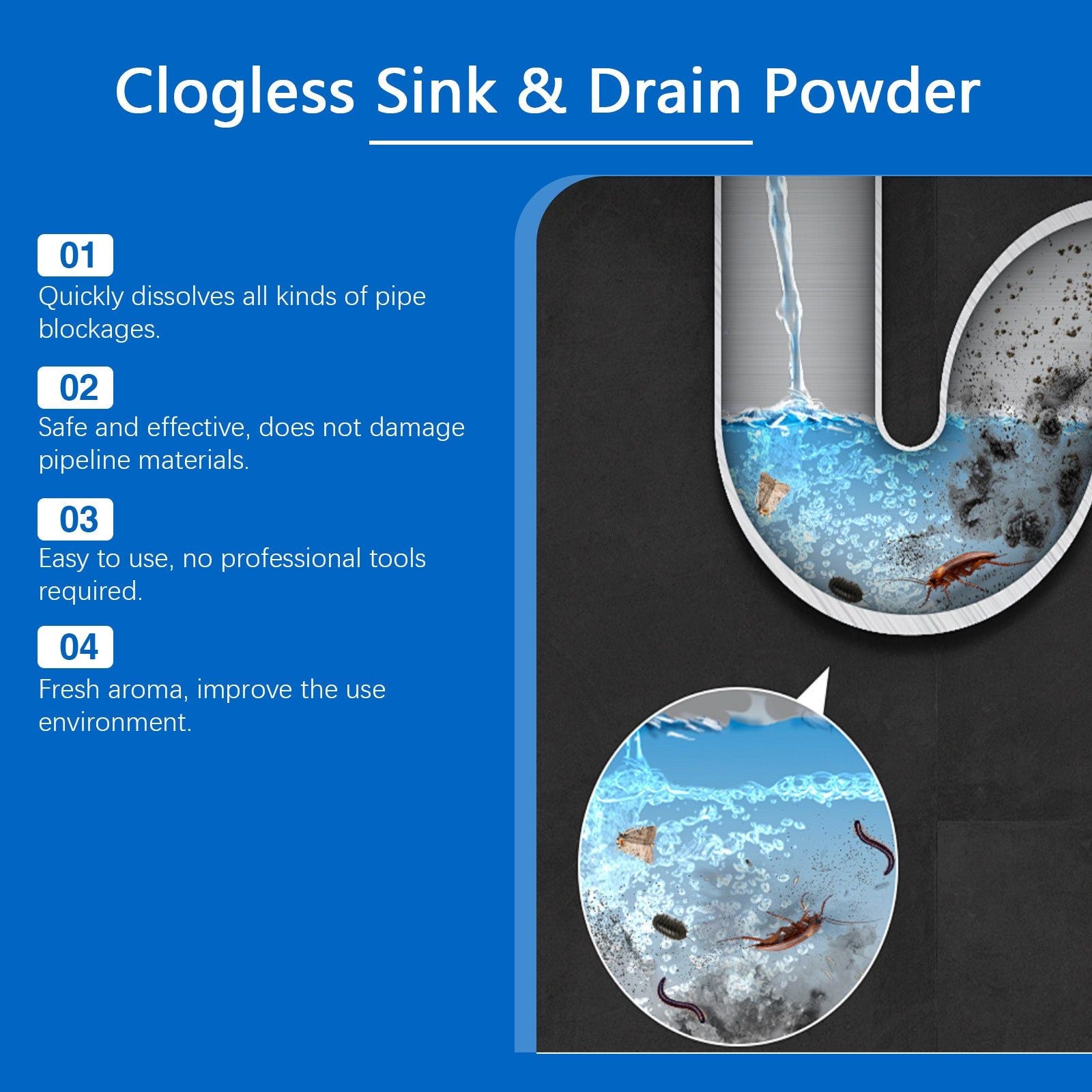 Fast Pipe Dredging Clean, Eco-Friendly Drain Cleaner, Quick Clog Removal ,25g+5g