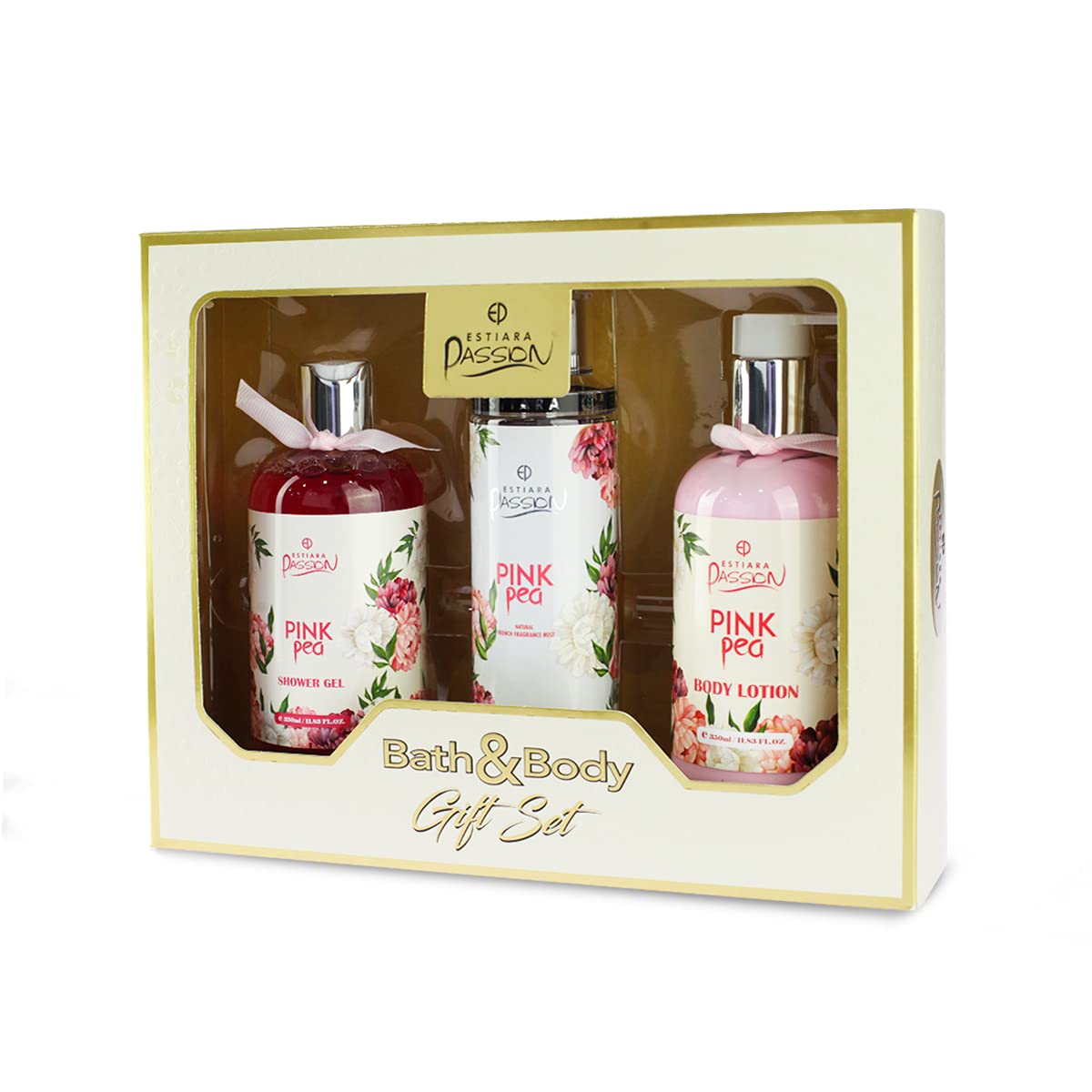 Estiara Passion Pink Pea Bath & Body 3 Piece Gift Set For Women (Body Lotion 350ml + Shower Gel 350ml + Fragrance Mist 250ml)