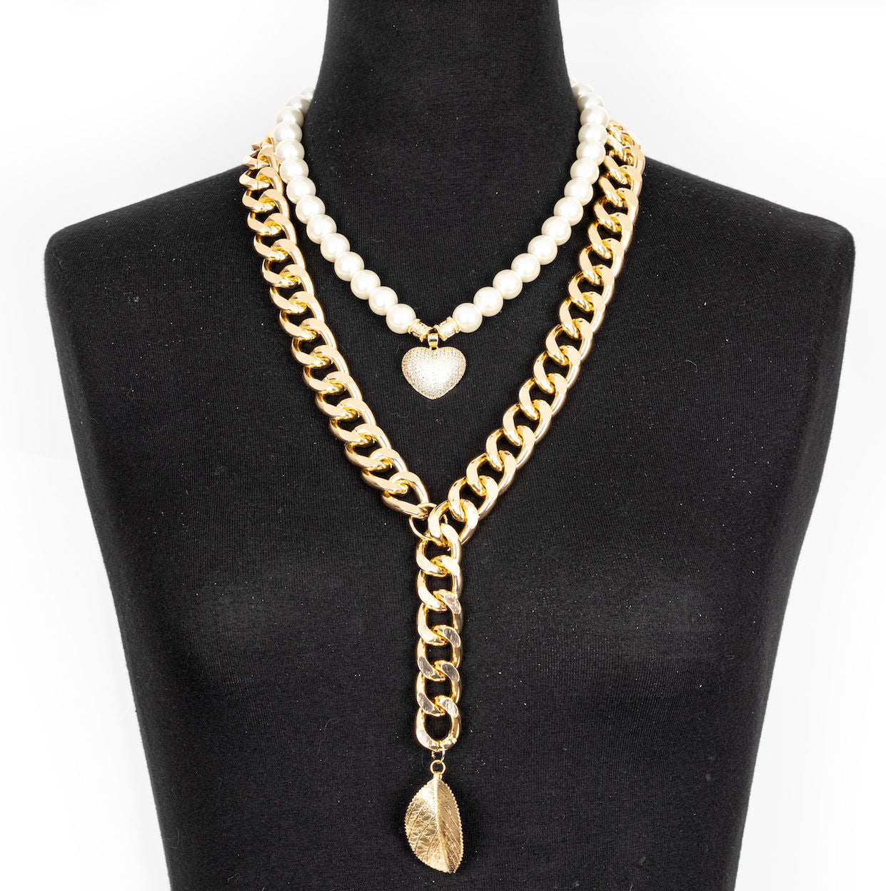 The Dark Layered Pearl and Gold Chain Necklace with Spike Pendant