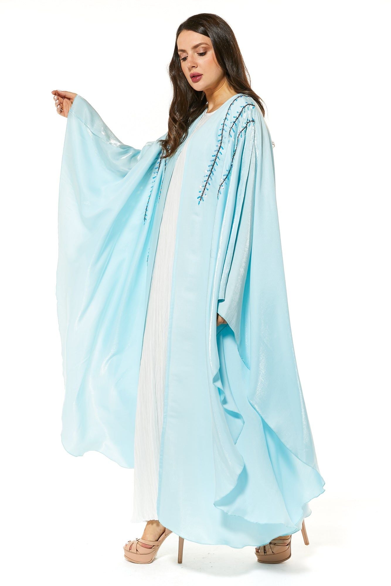 MOiSTREET Blue Abaya Set with handwork embellishment comes with under dress