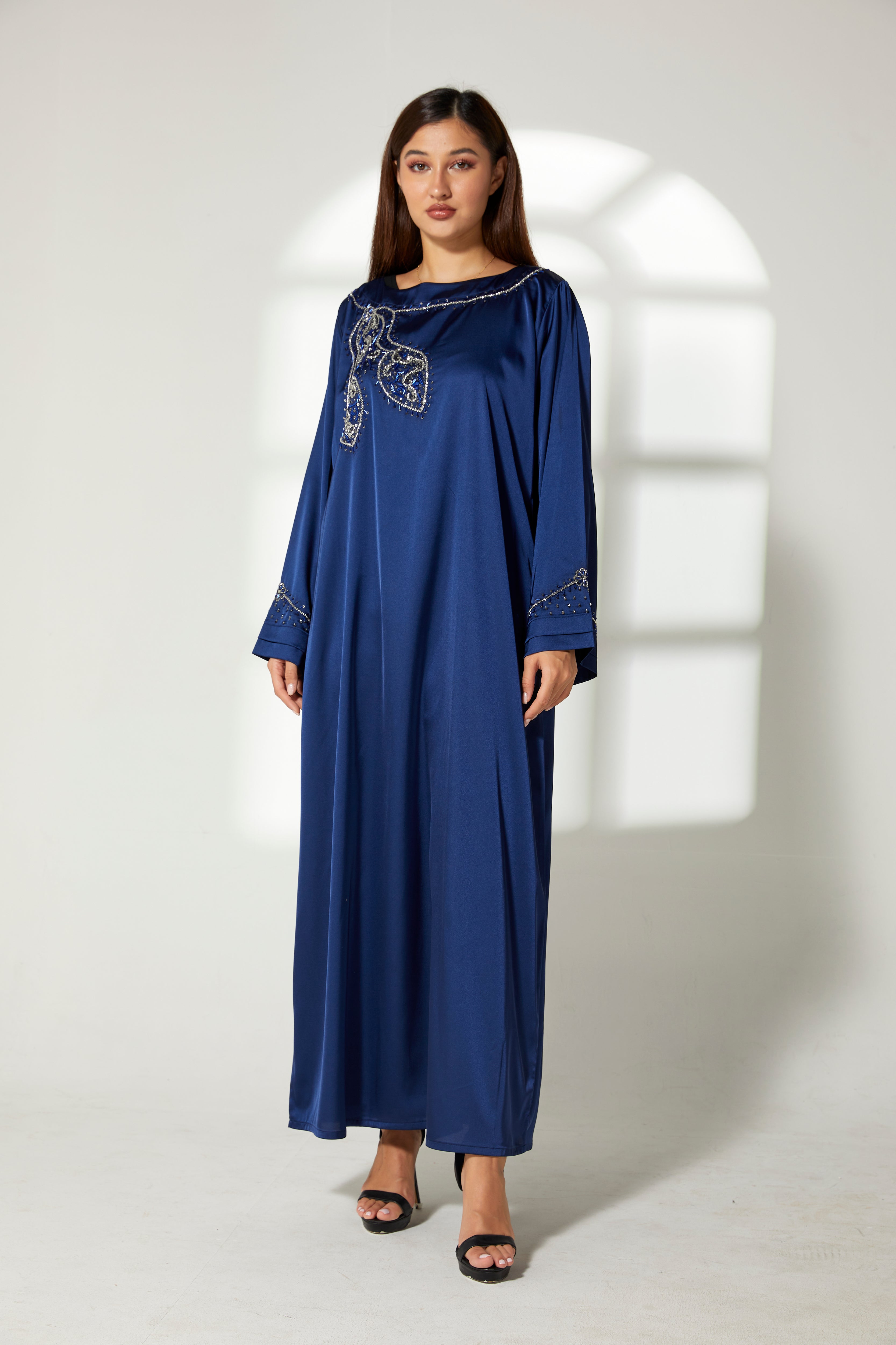MOiSTREET Navy Silk Hand Embroidered  Kaftan