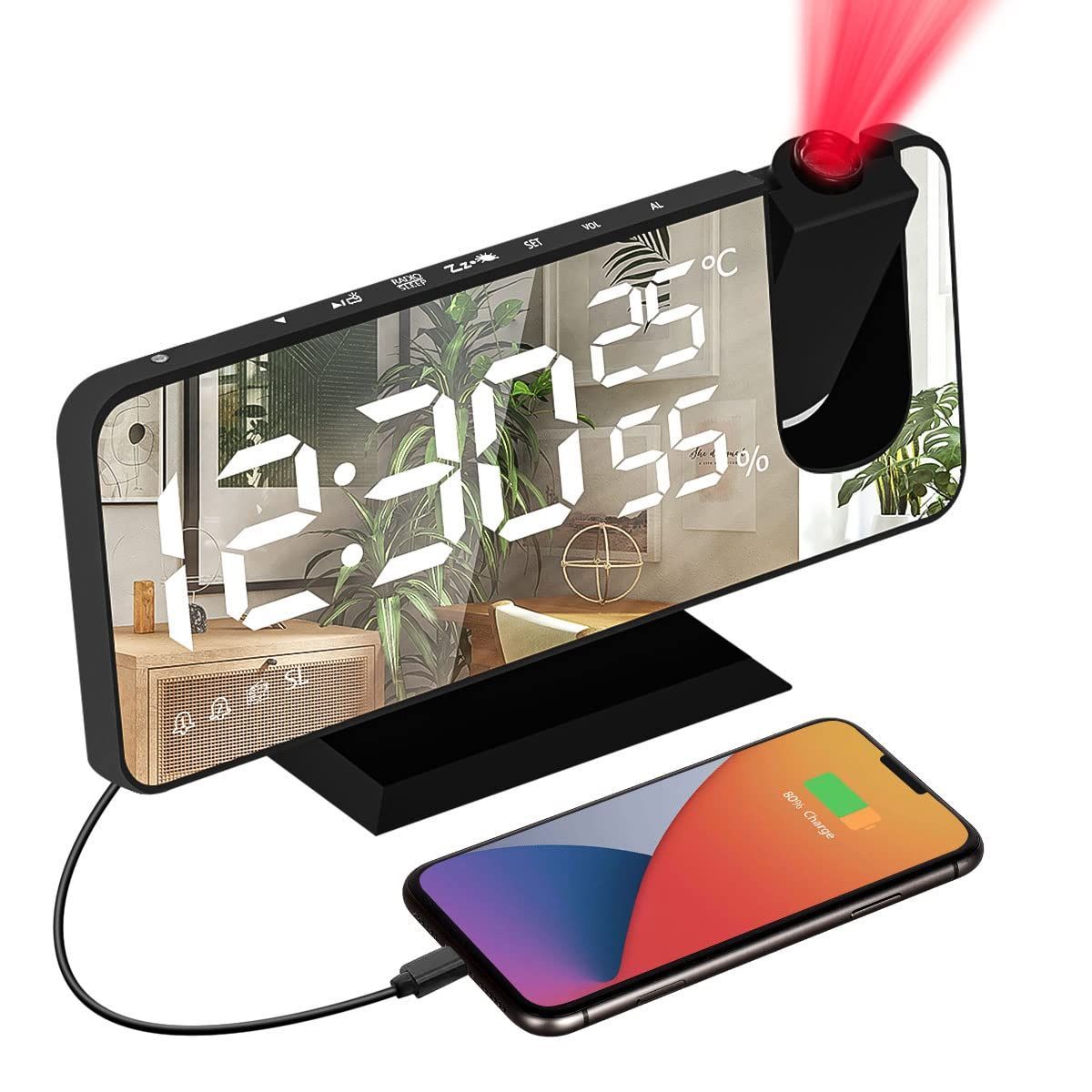 Projection Alarm Clock Digital Radio Alarm Clock With Mirror Surface USB Phone Charger
