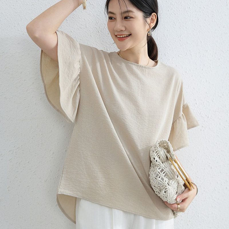Flared Sleeve Cotton Linen Round Neck Short Sleeve Top For Women