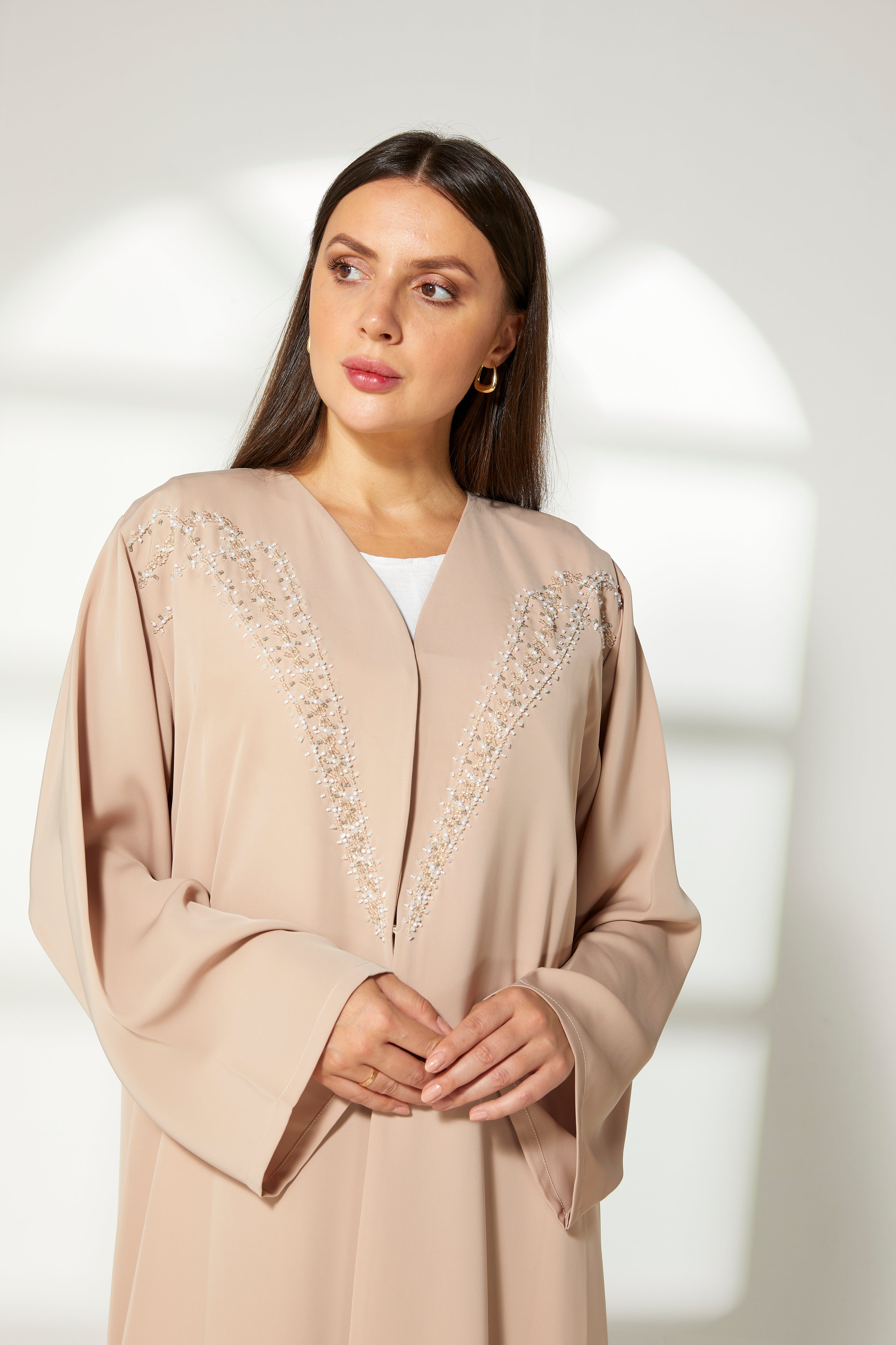 MOiSTREET Beige Korean Nida  Embroidered Abaya