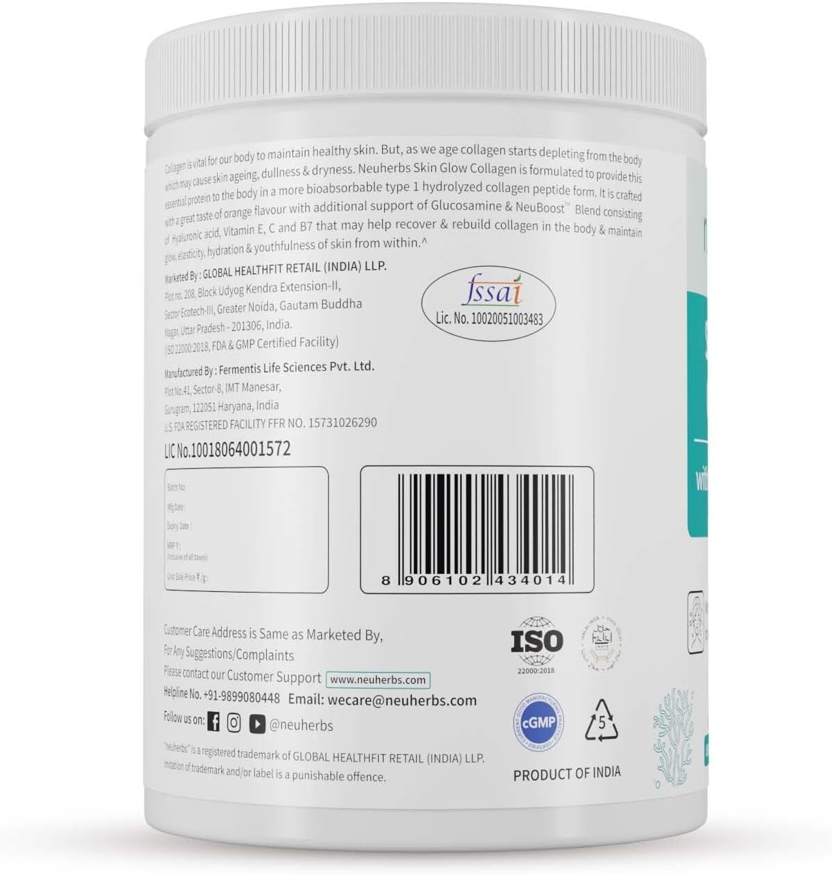 Neuherbs Skin Glow Marine Collagen Powder Supplement For Men & Women - 200g (Orange Flavour)