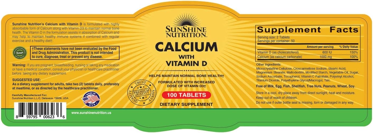 Sunshine Nutrition Calcium With Vitamin D3 100 Tab