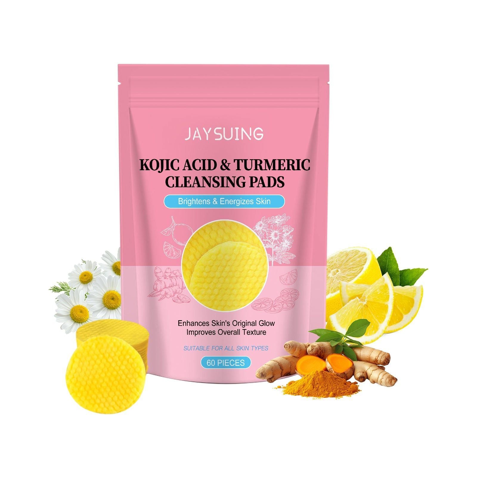 Brightening Facial Cleansing Pads with Kojic Acid, Turmeric, Moisturizing, Pore Refining ,60Pcs