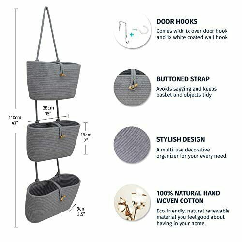 3 Tiers Cotton Rope Woven Wall Hanging Storage Basket Over The Door Hanging Organizer