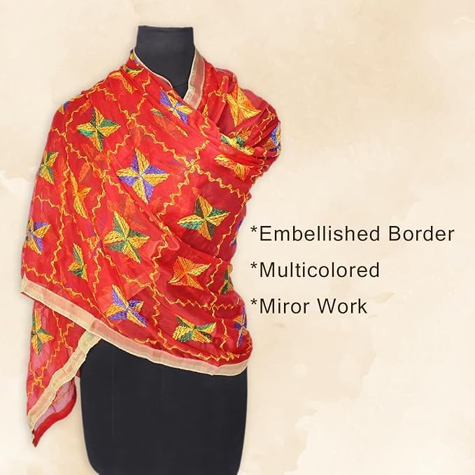 Women's Embroidered Phulkari Chiffon Dupatta for Bridal, Karwa Chauth and Family Functions| Gift for Family and Friends