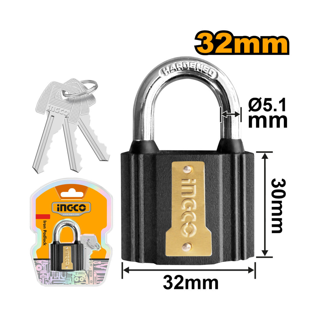 INGCO Iron Padlock, Brass Cylinder, 3 Keys, Waterproof Rubber Cover
