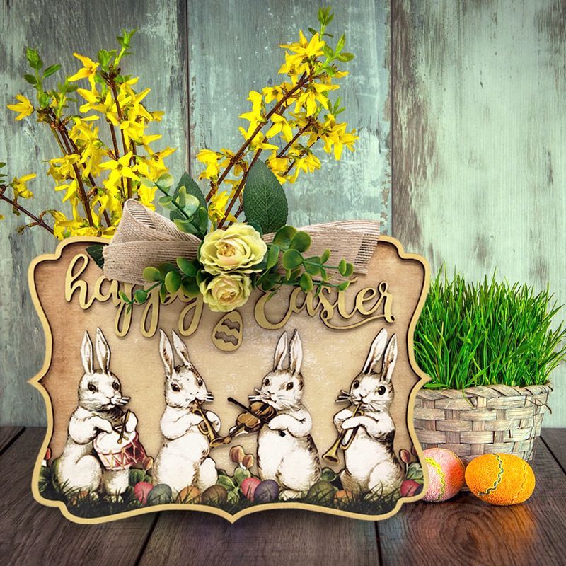 Easter Bunny Door Sign Wooden Decorative Wreath Door Hanging Sign Gifts
