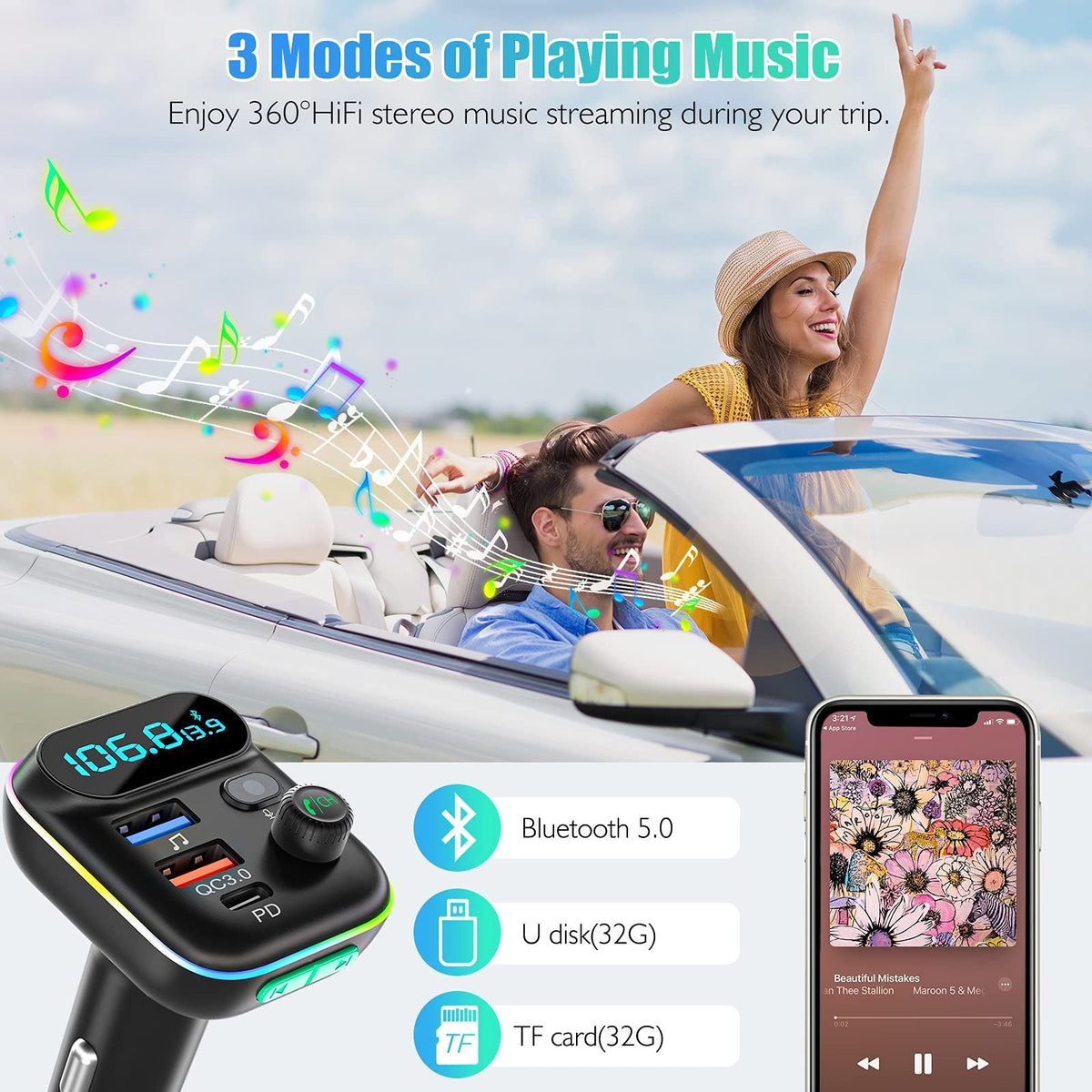 Car FM Transmitter Bluetooth Car MP3 Player Adapter Car Fast Charger With Mic