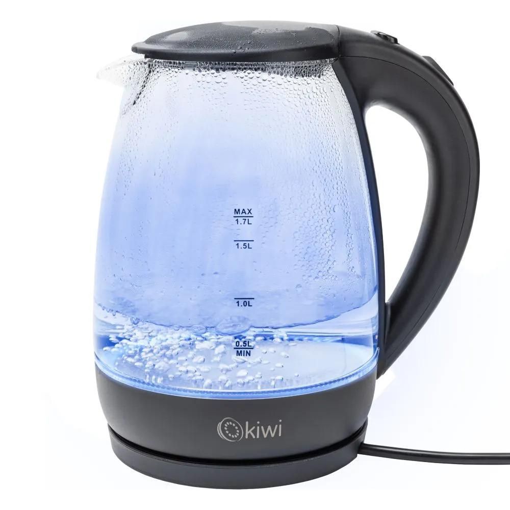 KIWI electric kettle KK-3328, blue illuminated glass, black, 1.7 L