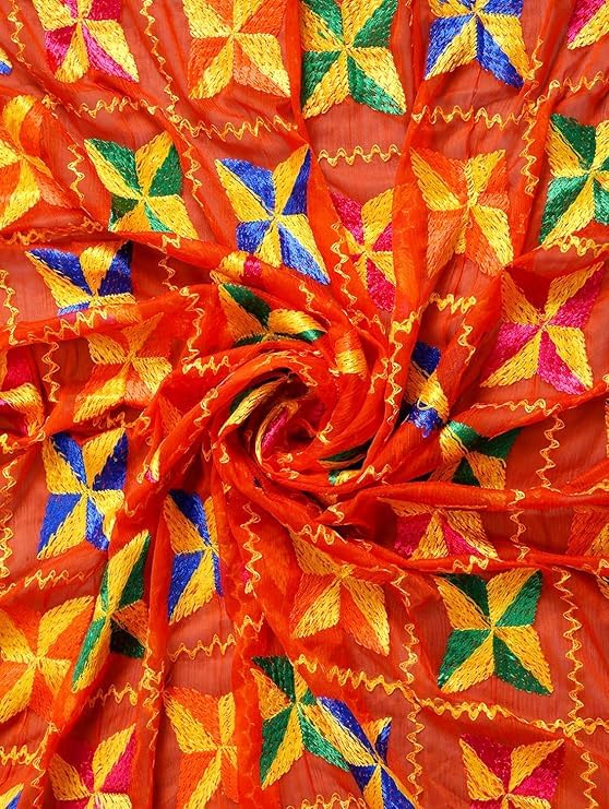 Punjabi Hand Embroidery Phulkari Faux Chiffon Dupatta, Stoles