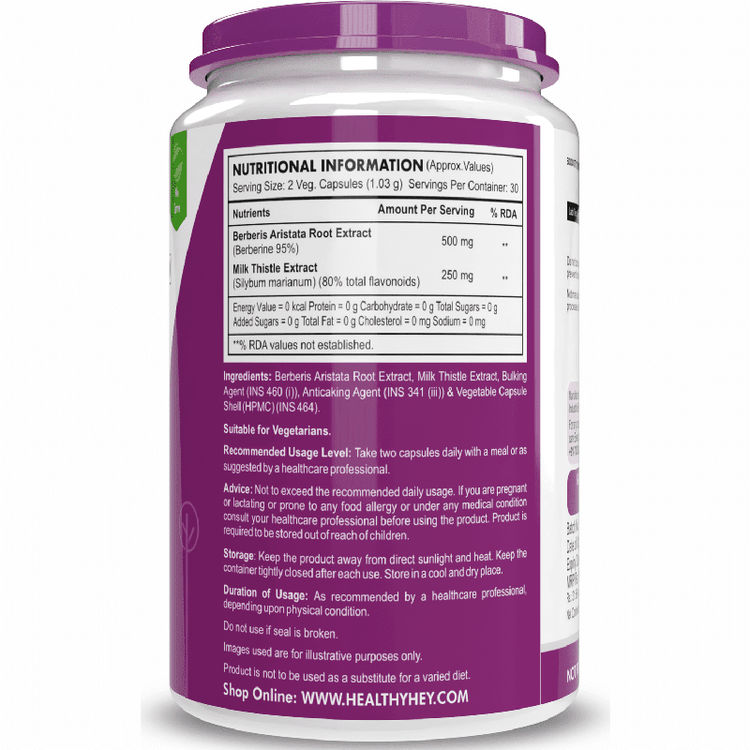 HealthyHey Berberis Berberine 95% with Milk Thistle Vegetable Capsules, 60 Count