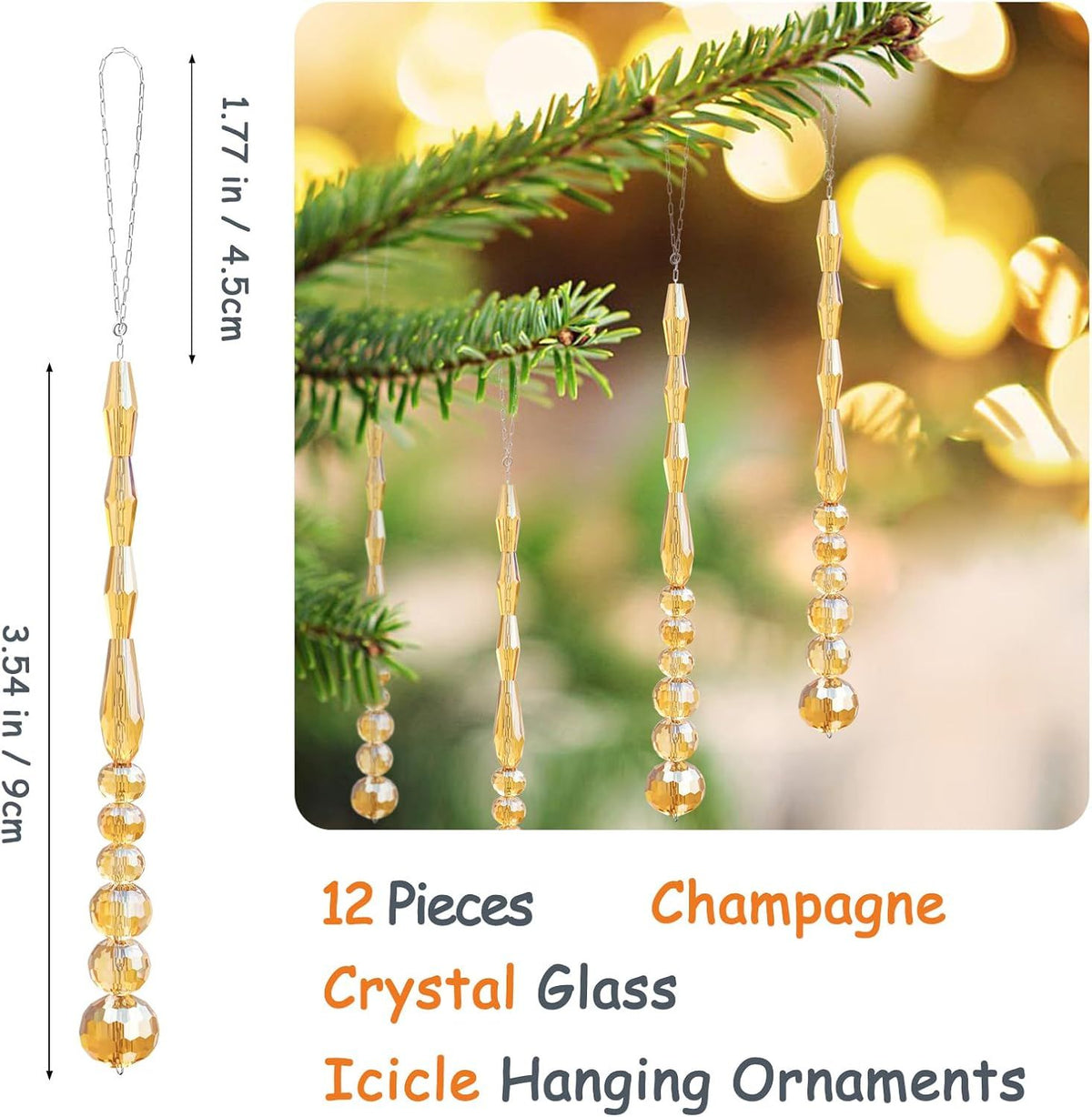 12 Pcs Christmas Tree Ornaments Crystal Icicle Glass Beads Hanging Pendants