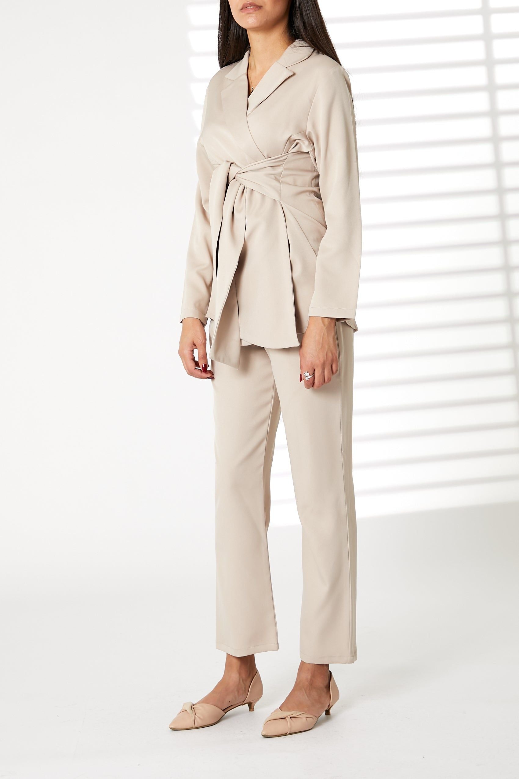 MOiSTREET Beige Barbie Crepe Fabric Blazer and Pants Set