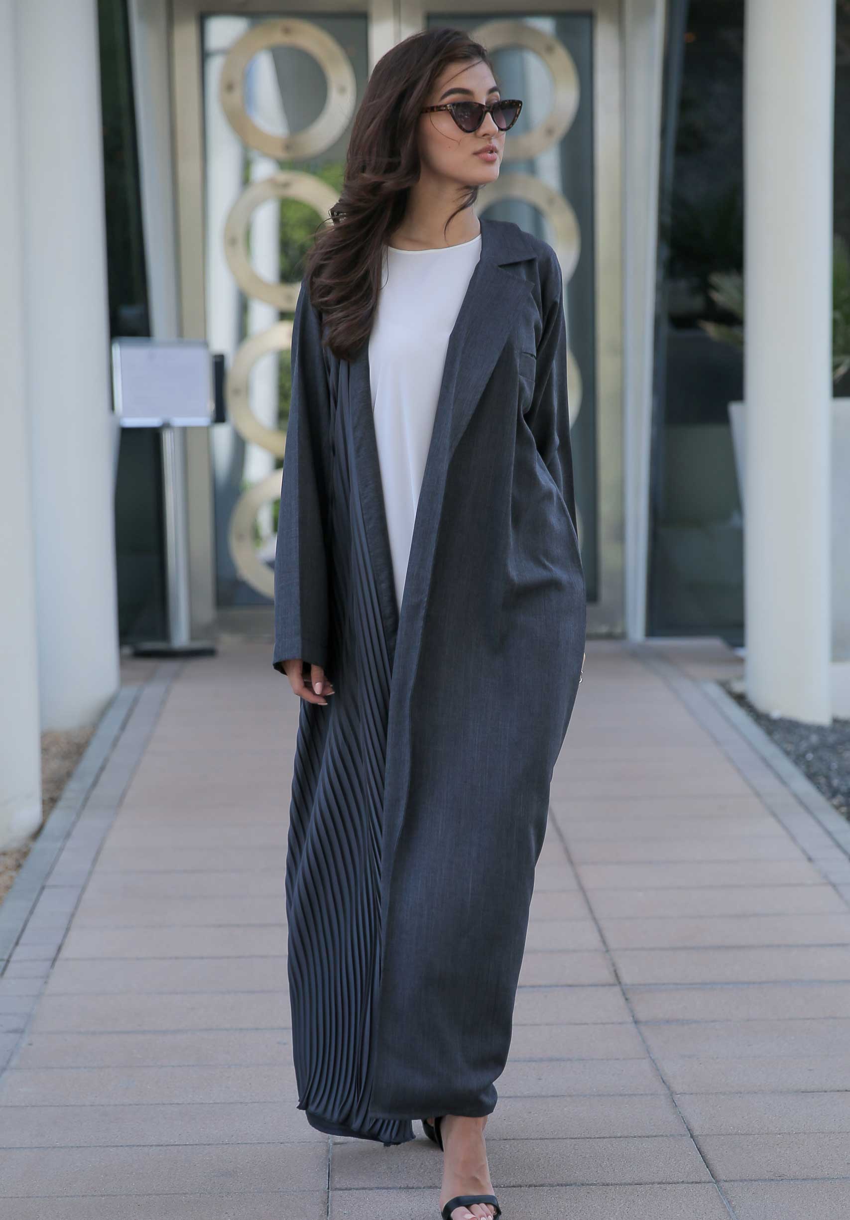 MOiSTREET Grey Abaya with Pleated Hem and Sleeves