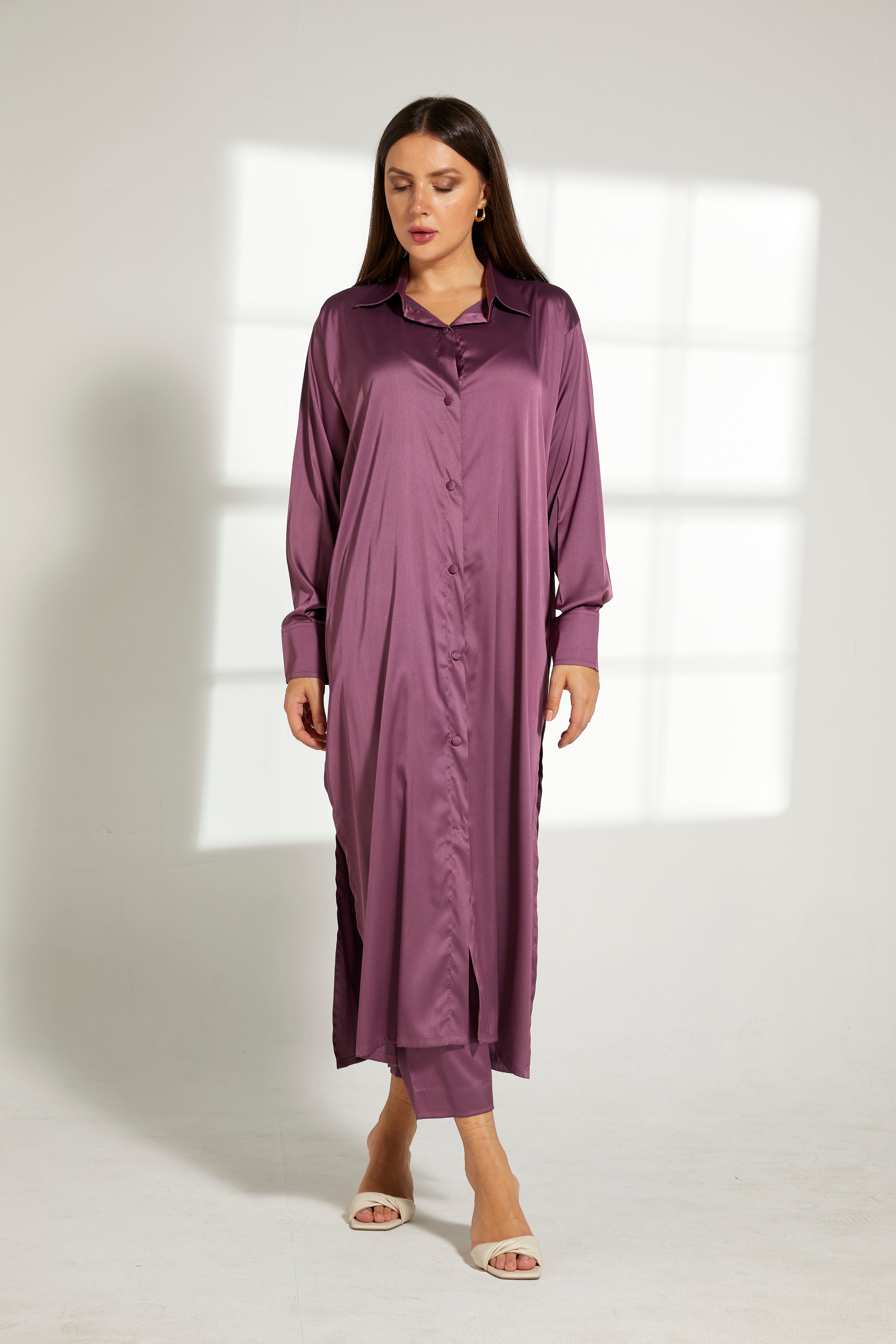 MOiSTREET Purple Silk Fabric Top and Pants Set