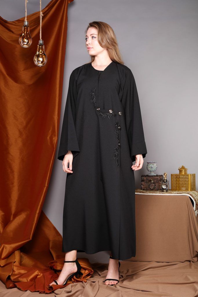 MOiSTREET Black Wrap Around Abaya with Hand Embroidery and Button Detailing