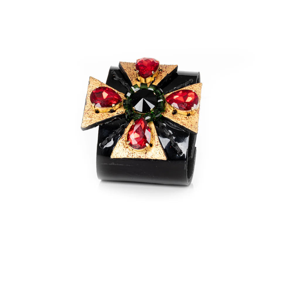 The Dark Black Leather Crystal Star Cuff Bracelet with Red Stones