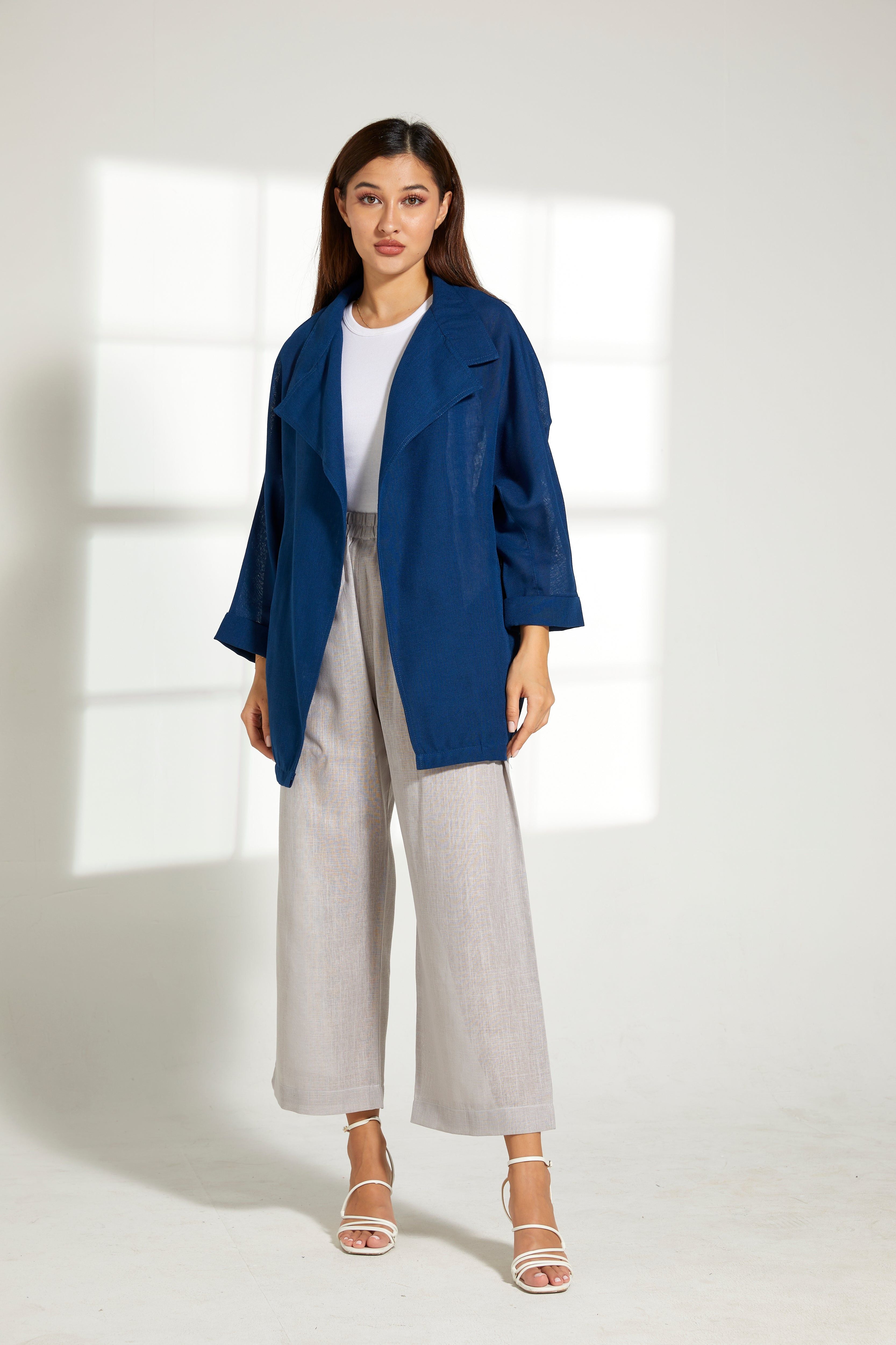 MOiSTREET Blue Linen Top and Grey Pants Set