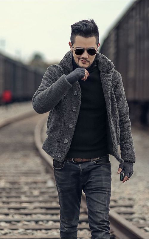 Men Winter Furry Jacket Warm Short Slim Cardigan Casual Thick Coat With Pocket