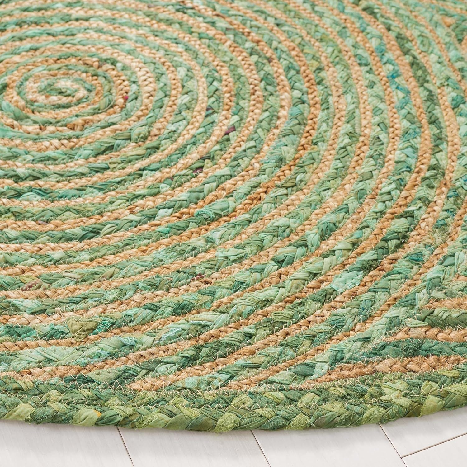 Green Jute Round Rug with Spiral Pattern | Handmade Eco-Friendly Boho Area Rug