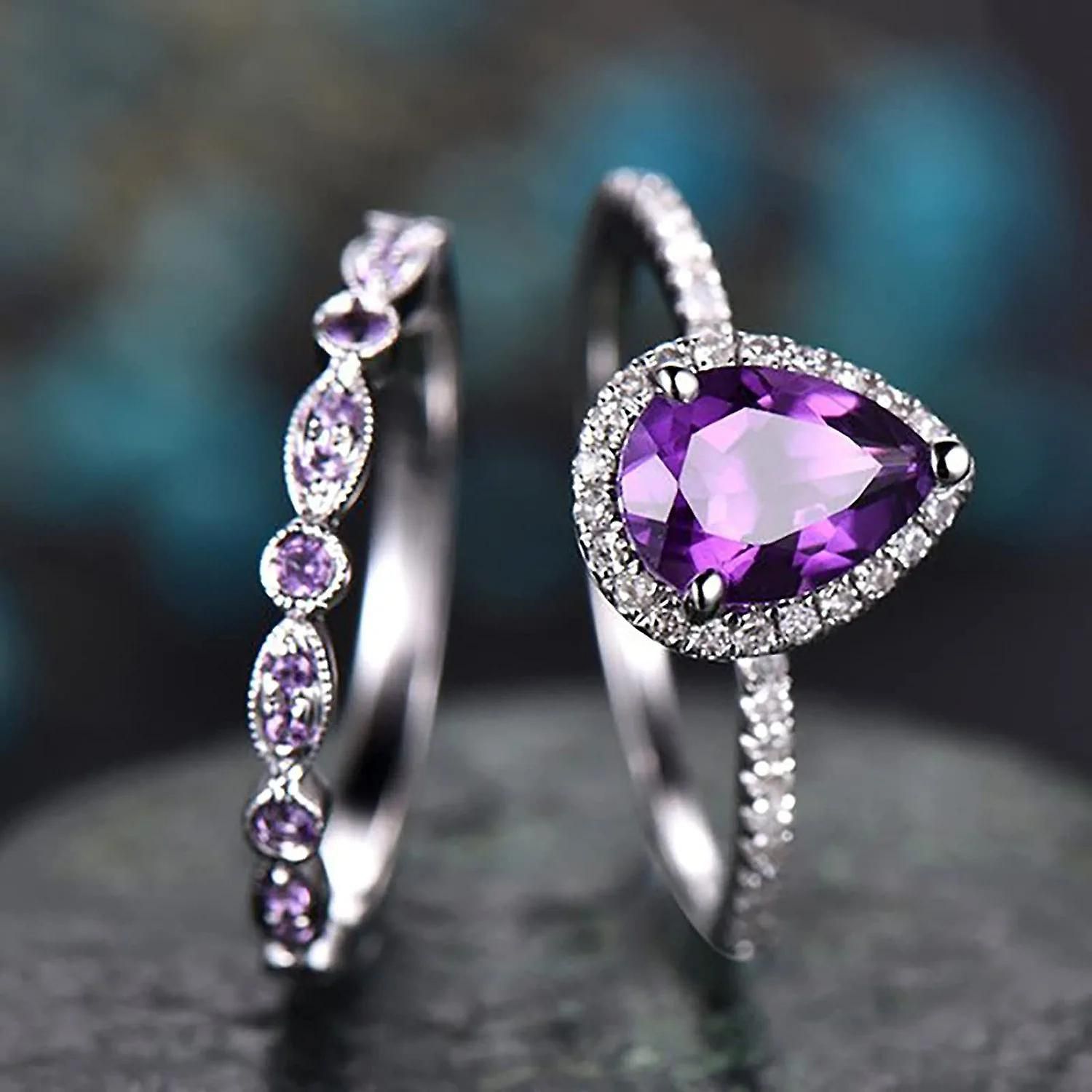 Women Shining Amethyst Ring, Tear Drop Shape Cubic Zirconia Promise Rings Set Teardrop Ring Engagement Wedding Band Ring Sets