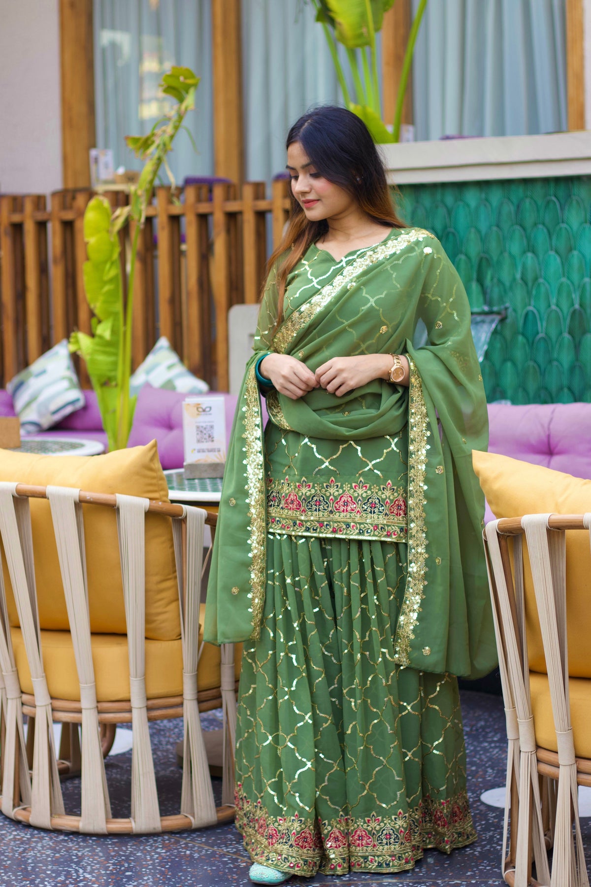 Fab Zone Women’s Designer Chinon Silk Top Sharara Set with Dupatta