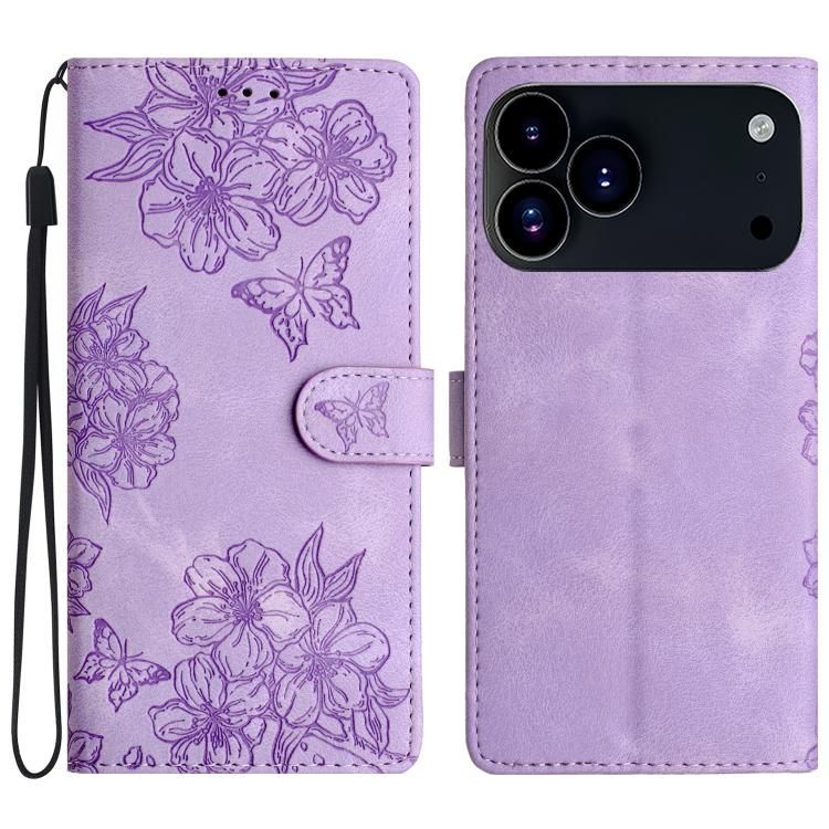 For iPhone 18 Pro Max / iPhone 17 Pro Max Cherry Blossom Butterfly Skin Feel Embossed PU Phone Case