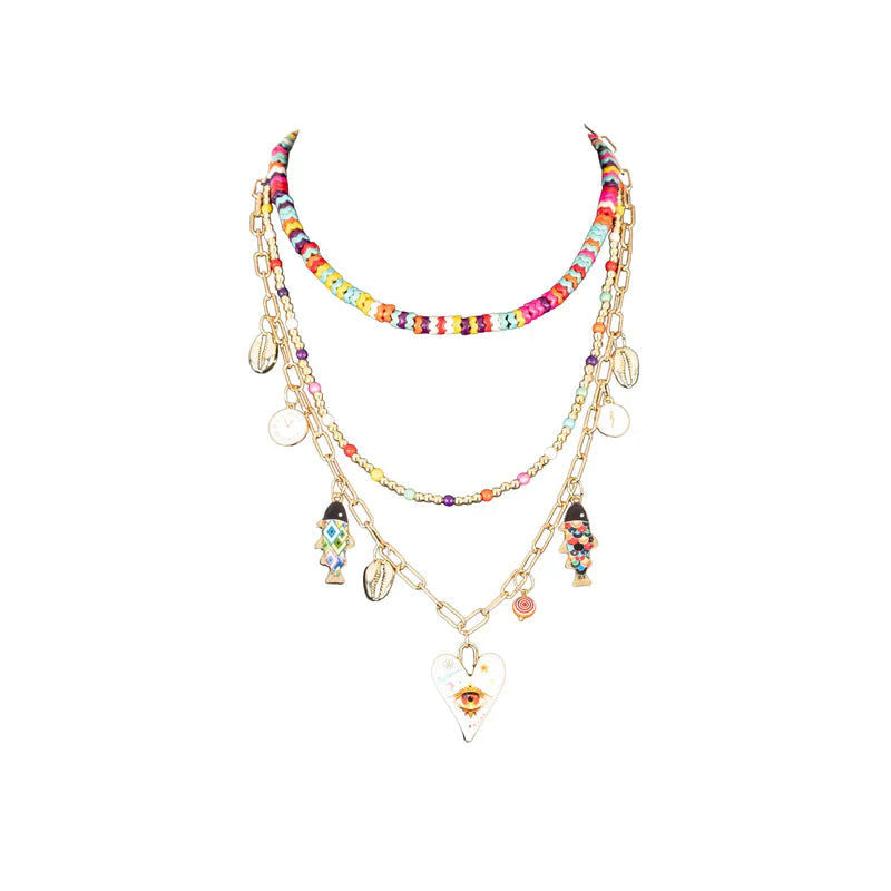 The Dark Colorful Layered Charm Necklace with Evil Eye Heart