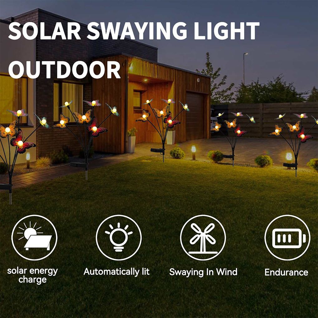 2pcs Solar Garden Light Outdoor Butterfly Lawn Lamp Waterproof Decorative Lamp