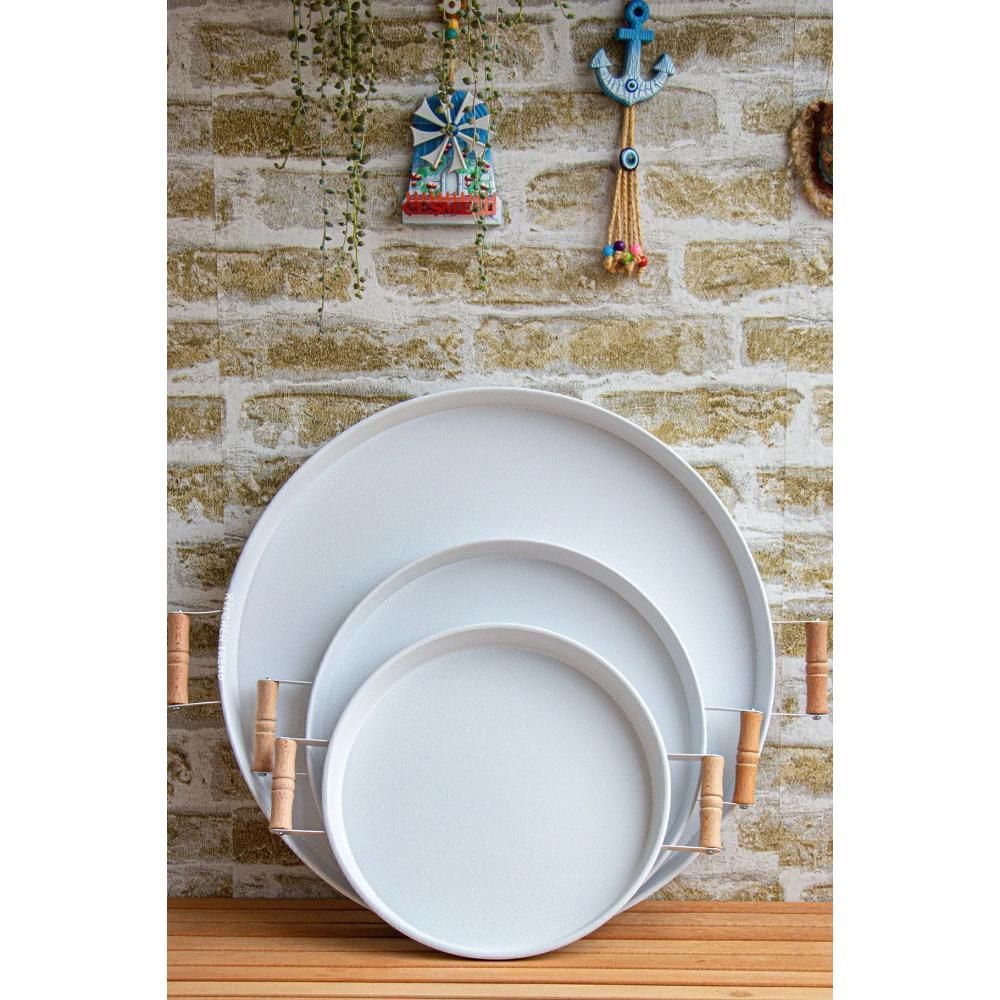 3 pcs (51, 37, 30 CM) Metal Tray with Wooden Handles, Tea Tray, Coffee Tray, Presentation Tray Set