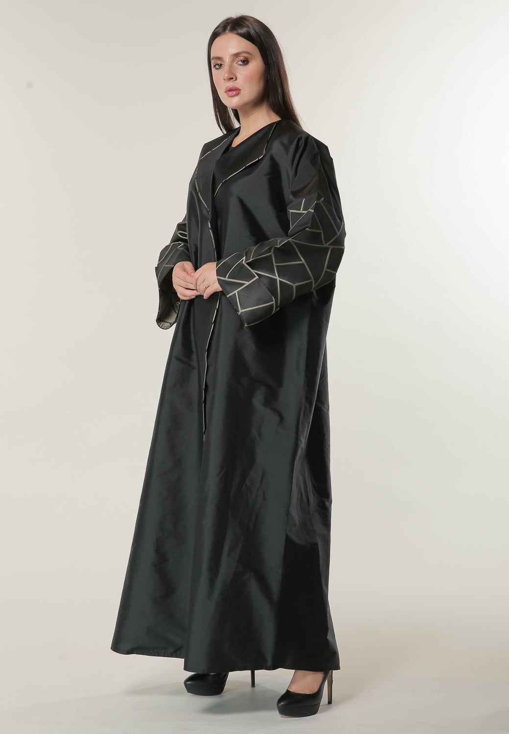MOiSTREET Black Coat style Abaya with Jacquard Sleeves and Pipin