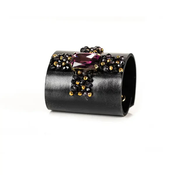 The Dark Black Leather Crystal Cuff Bracelet with Purple Gemstone and Beaded Detail Handmade Statement Bracelet