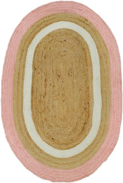 Pink & White Border Oval Jute Rug | Handmade Natural Fiber Area Rug for Living Room & Bedroom