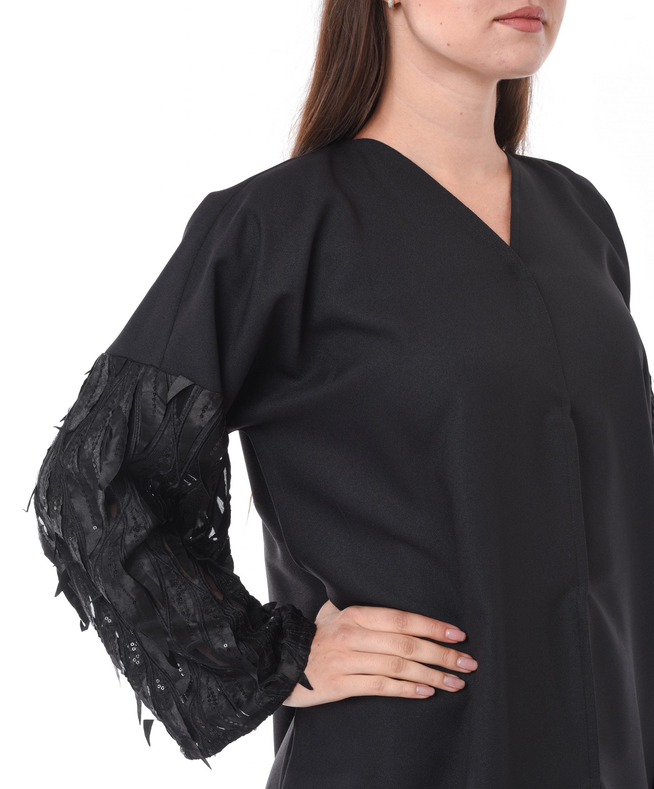 MOiSTREET Black Designer Abaya with Hanging Leaves Sleeves