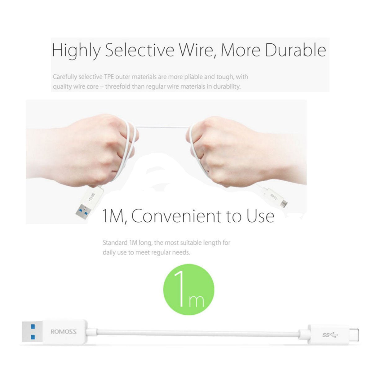 كابل USB عالي السرعة من نوع C بطول 1 متر و3.0 أمبير من ROMOSS CB31 لشحن ومزامنة OnePlus 2 والهواتف الذكية/MacBook الجديد بسرعة تصل إلى 5 جيجابت في الثانية