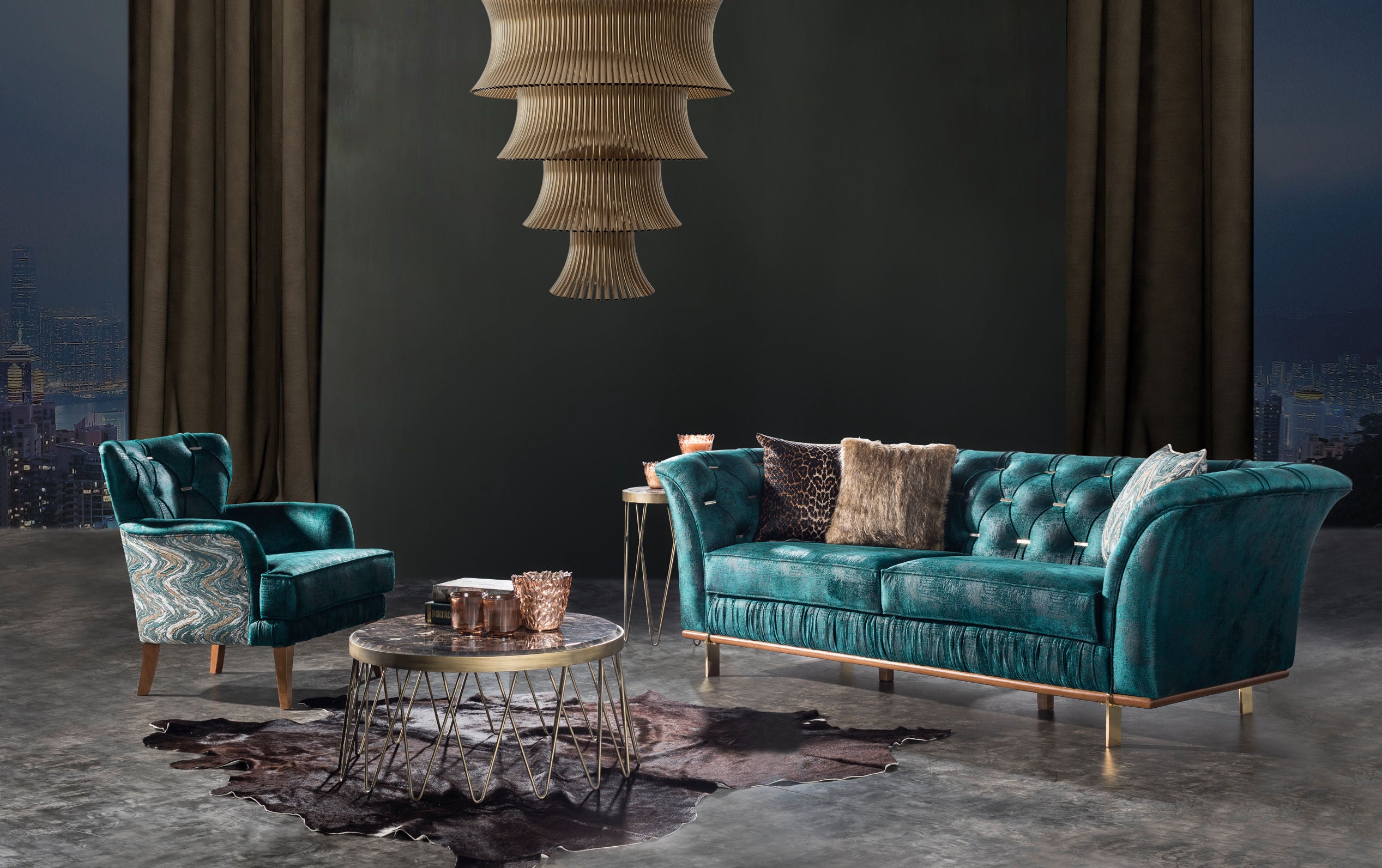 Leopar Chesterfield Velvet Living Room Set