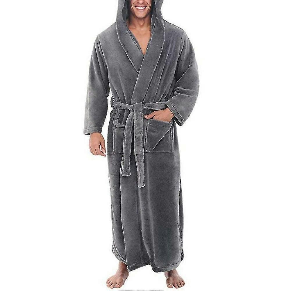 Men Soft Coral Fleece Solid Color Pockets Long Bath Robe Home Gown Sleepwear zxin