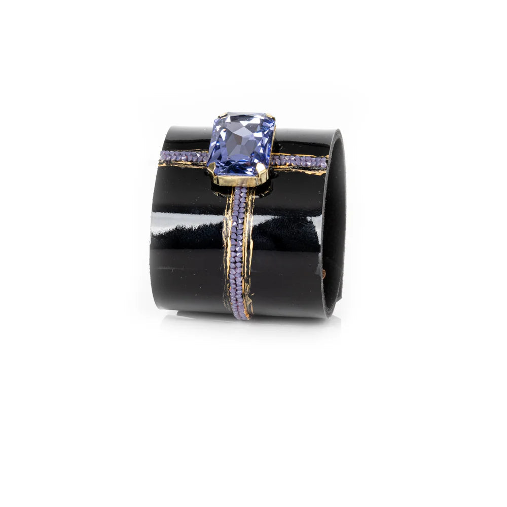 The Dark Black Leather Crystal Cuff Bracelet with Blue Stone