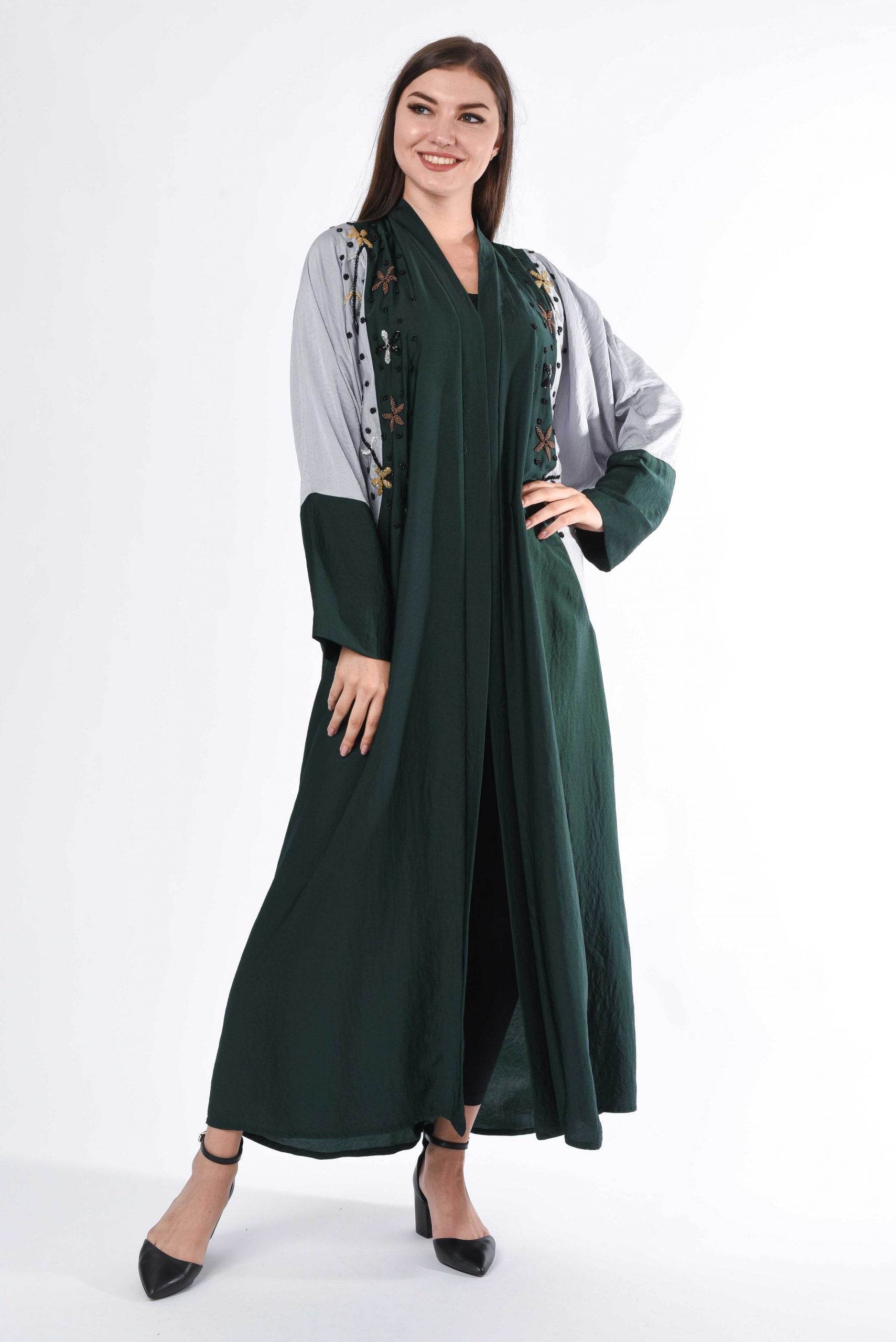 MOiSTREET Green and Grey Hand Embroidery Abaya