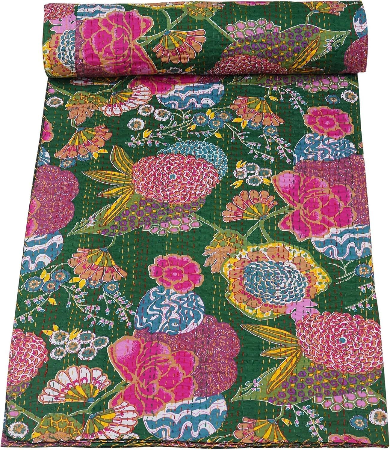 Green Floral Kantha Quilt – Handmade Indian Cotton Blanket, Reversible Vintage Kantha Throw, Lightweight Bedding