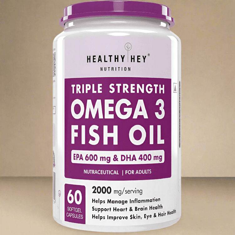 HealthyHey Fish Oil Omega 3 60 Softgel For Women and Men | Triple Strength Fish Oil | Burpless, EPA 600 - DHA 400 Supplement