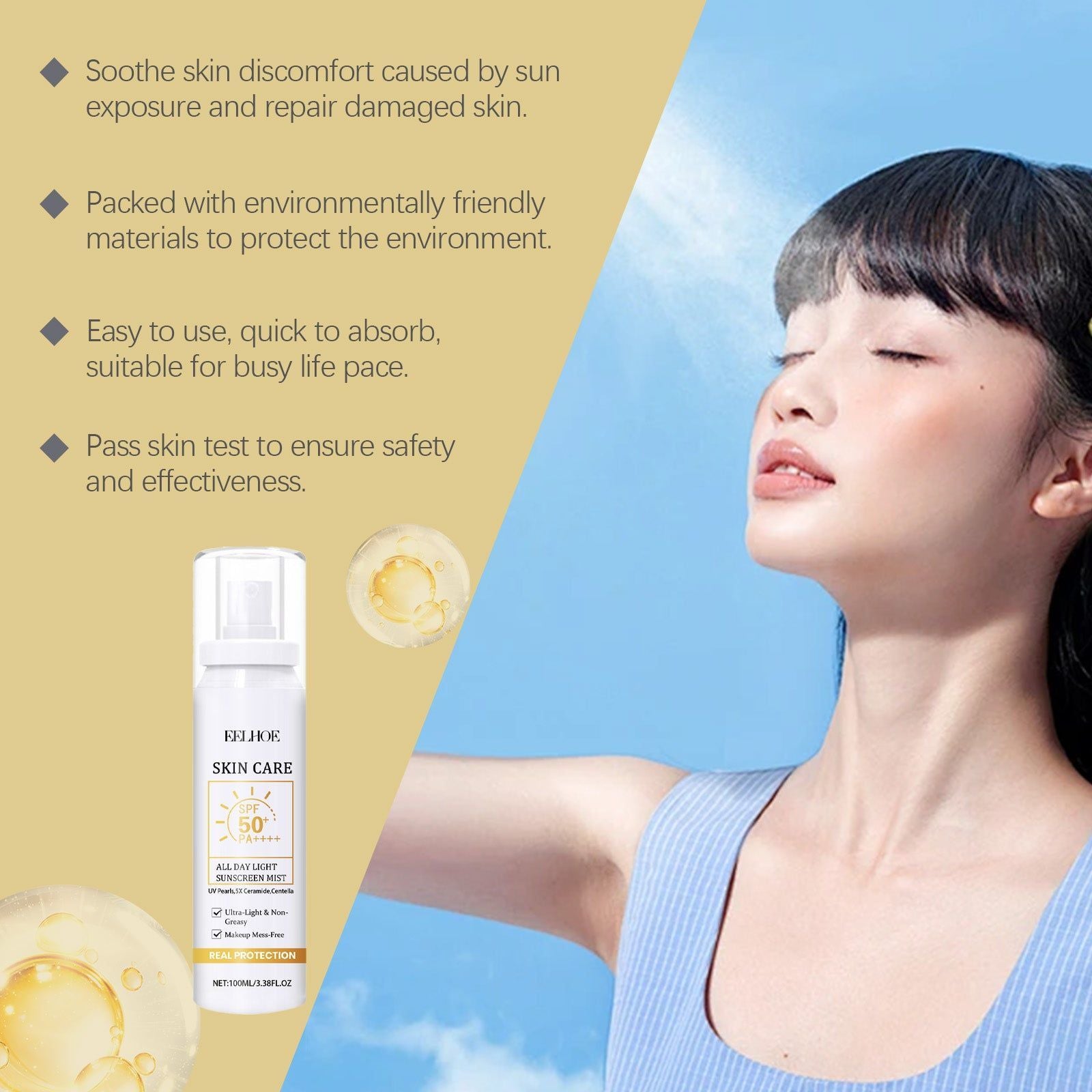 All Day Light Sunscreen Mist, Hydrating Moisture Protection, SPF 50, Skin Repair ,100ml