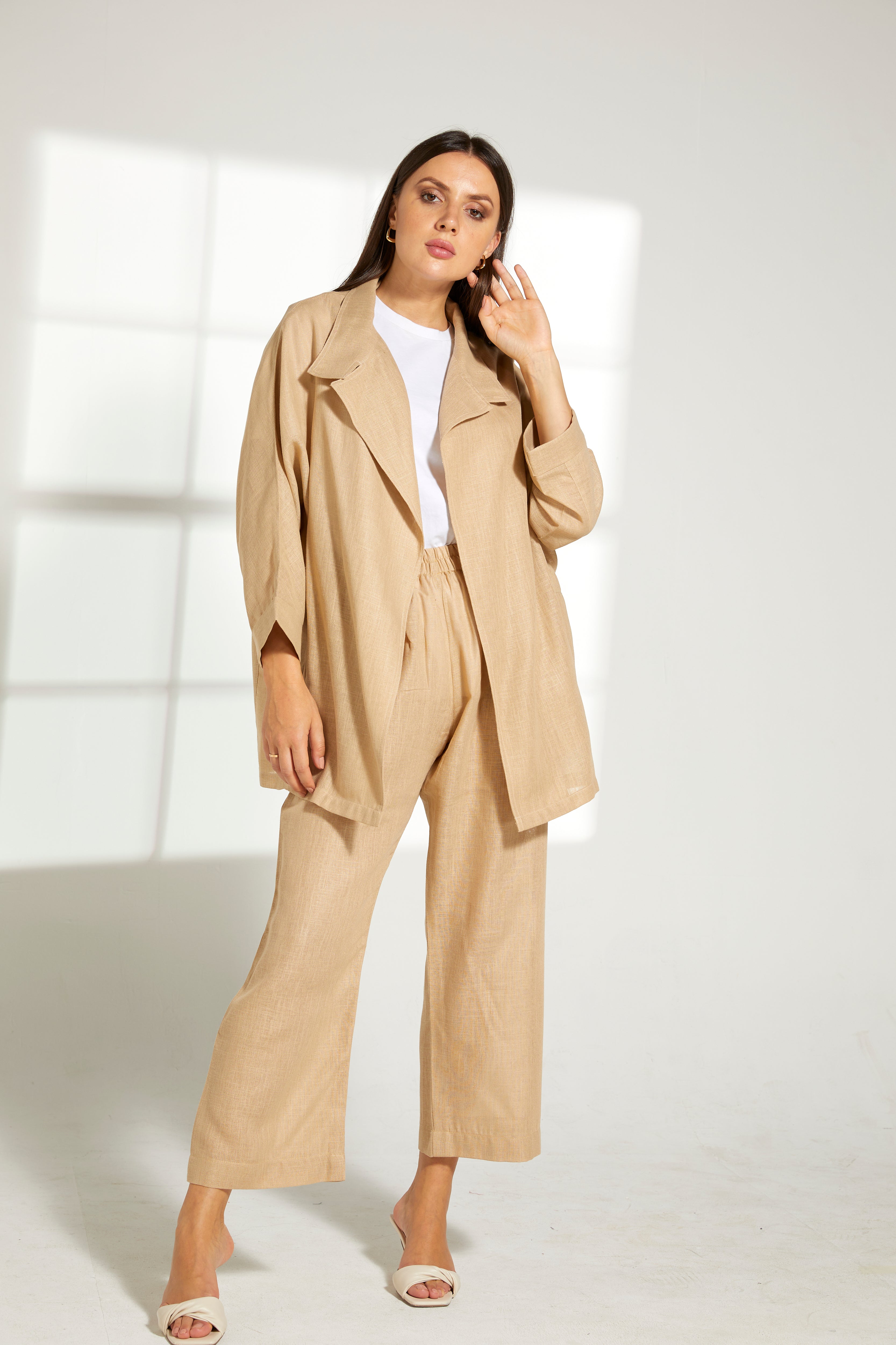 MOiSTREET Tan Linen Fabric Top and Pants Set